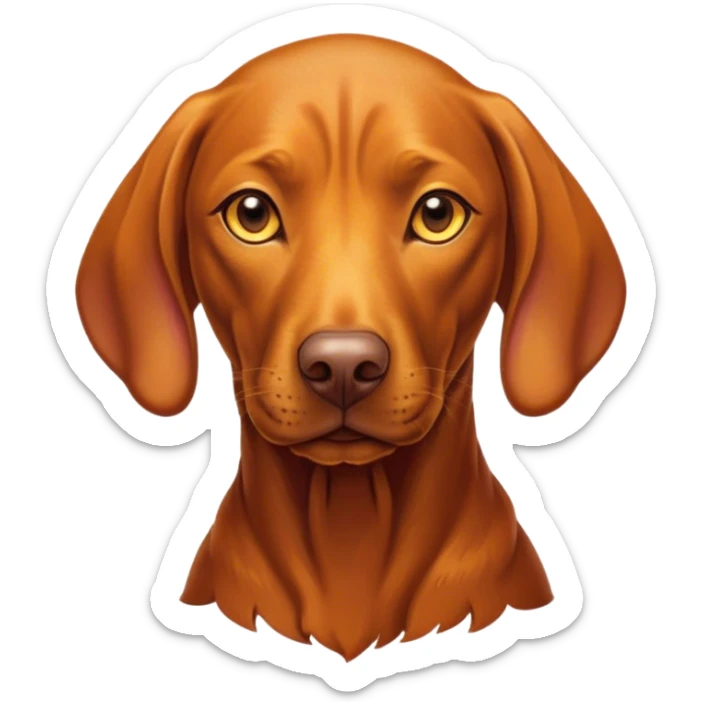 Cinematic Noble Vizsla Portrait Emoji, Poised and regal, with a sleek, athletic build and a short, smooth Fur of rust and gold, deep-set soulful amber eyes, Simplified yet sharp and sophisticated features, highly detailed, glowing with a soft, dignified glow, high shine, intelligent and agile, stylized with an air of determination, focused and attentive, soft glowing outline, capturing the essence of a watchful and confident companion, so majestic it feels as though it could sprint out of the screen with effortless authority! sticker