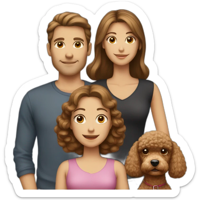 A family consisting of 1 man with light brown hair, 1 woman with dark brown hair and a toy poodle with brown hair, heads only and no kids sticker