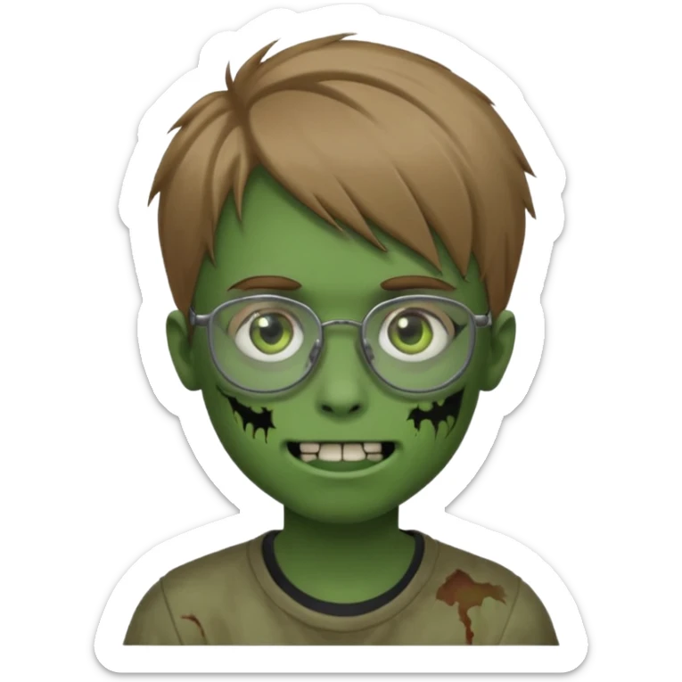 boy zombie with light brown emo hair and green skin and glasses and corner smile sticker