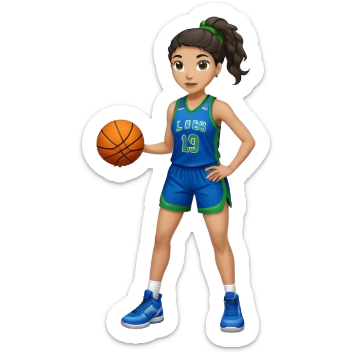 full body plus size light skin latino women basketball player with wavy dark hair in pony tail wide nose wearing blue uniform with green accent sticker