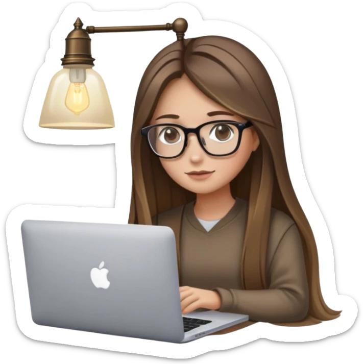 brown balayage straight long hair girl with MacBook with glasses with a lamp over her head  sticker