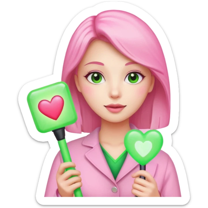 A lovely woman in pink with a square green light stick and with heart sticker