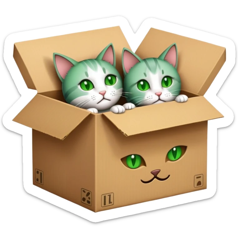 cute, cartoon emoji style for me with a transparent background of a cardboard box with two cats in it: one alive, and one asleep to symbolise schrodinger's cat sticker