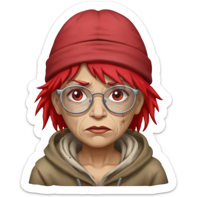 very dirty looking homeless woman with ripped red hat with ugly hair and broken glassess sticker