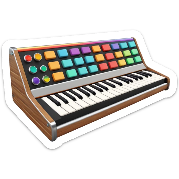 3D render of Synthesizer, vintage 1980s audio equipment aesthetic, tactile analog buttons, black matte keys with colorful rainbow slider knobs, mixed wood grain and brushed aluminum textures, Apple emoji style, isolated on white background --v 6.0 sticker