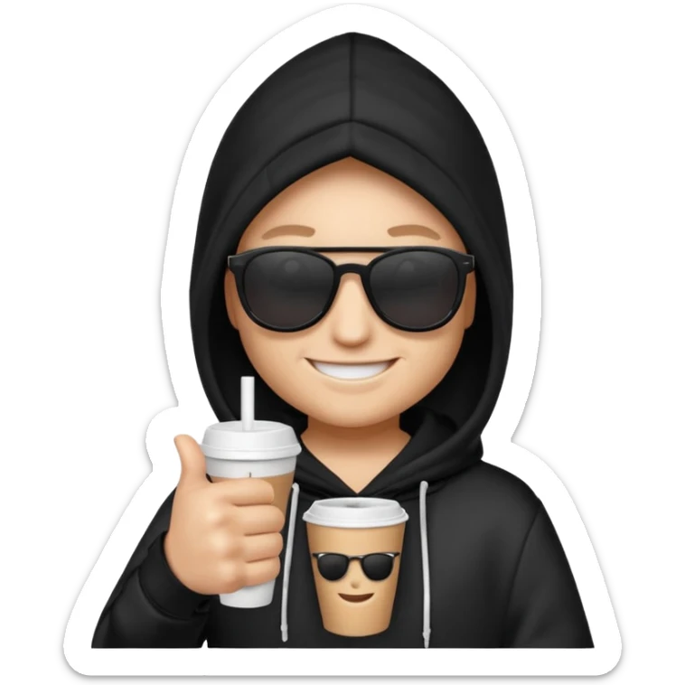 emoji di Gesù con felpa nera, sulla felpa in bianco scrivi "SKUIRTER" con occhiali da sole un pollice in su e in una mano un bicchiere di carta
 sticker