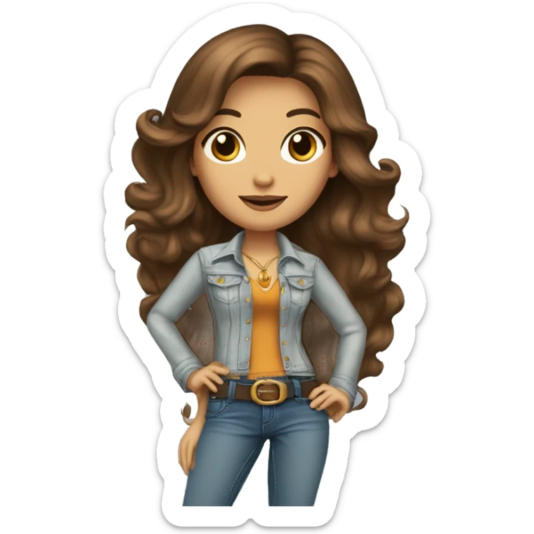 a 70's rockstar woman with bell-bottoms, long brown hair, hazel eyes, a t-shirt tucked into the bell bottom jeans and a belt  sticker