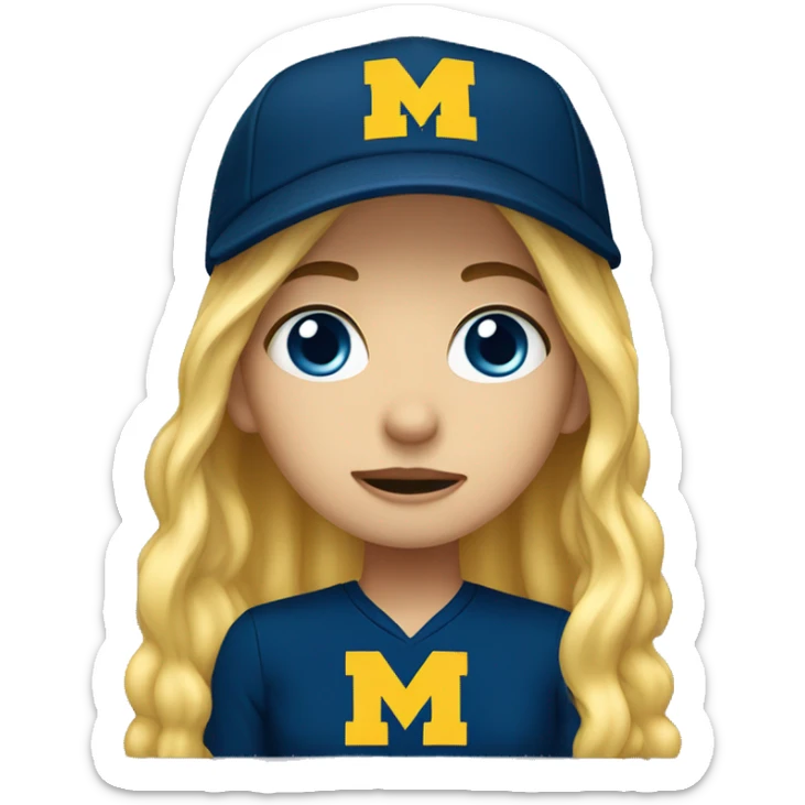 Blonde girl with blue eyes crying wearing University of Michigan hat sticker