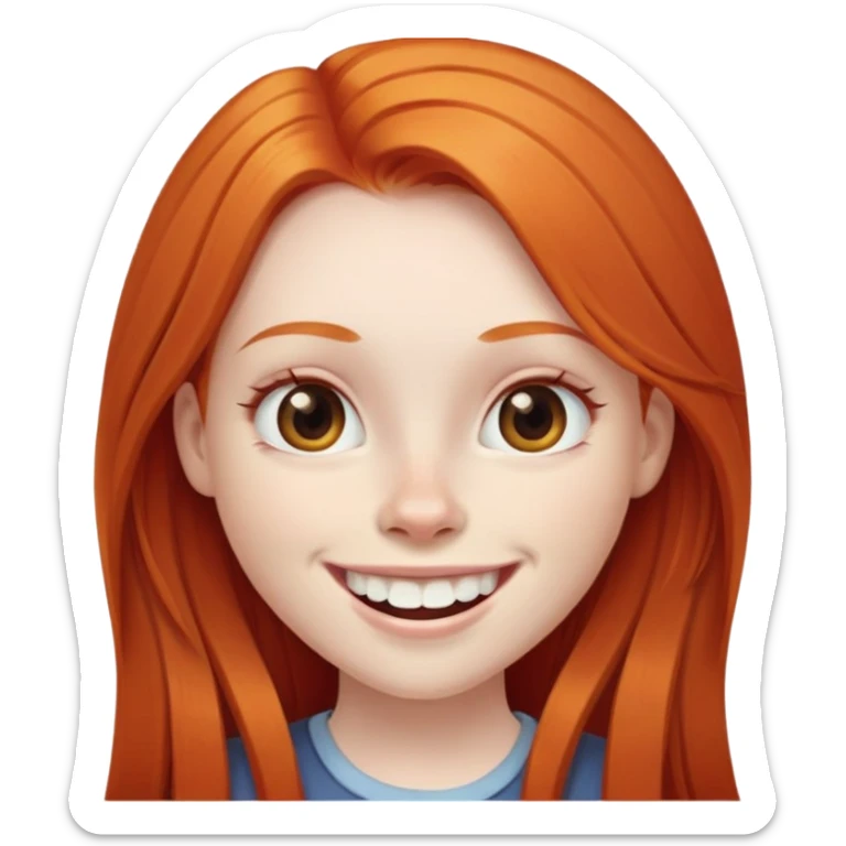traditional emoji of young girl with very pale skin, long straight bright ginger red hair, regular human eyes (not cat-like), wide nose, big smile with extremely large prominent teeth showing, classic round face sticker