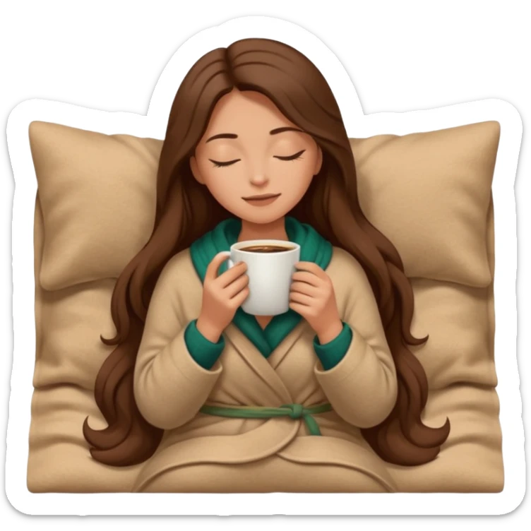 long brown hair woman closed eyes covered with cozy wool beige blanket, holding cup of coffee, autumn mood sticker