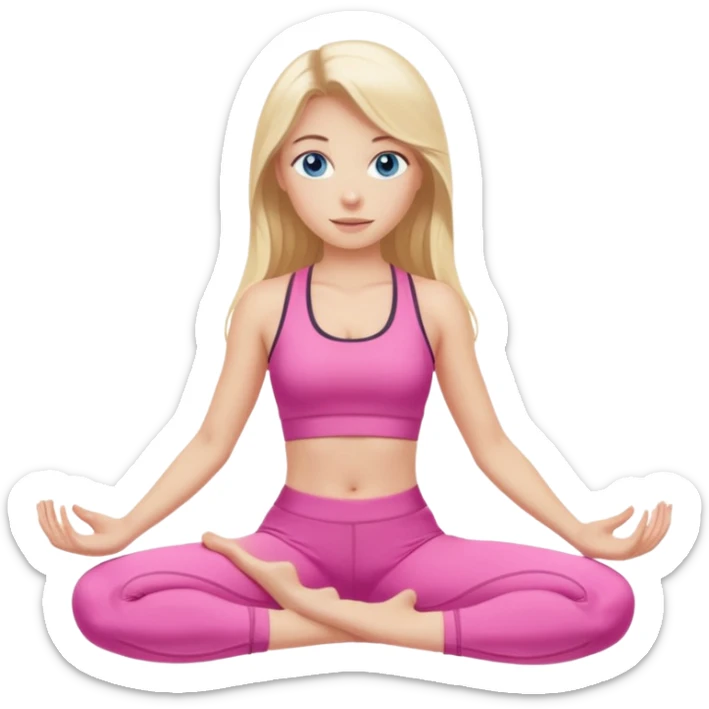  long blown out blonde hair woman blue eyes wearing pink workout set doing pilates sticker