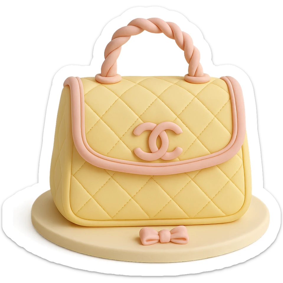 pastel yellow Chanel handbag cake with soft pink accents, luxury birthday style, fondant cake art style sticker