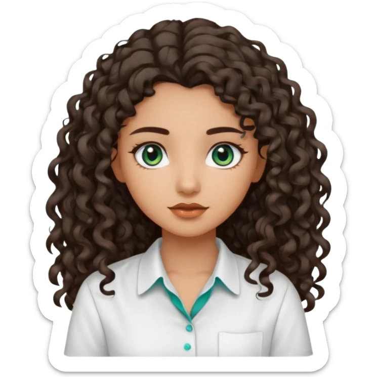 Girl with olive skin, teal eyes, dark brown  loose curly long hair, pretty white shirt sticker