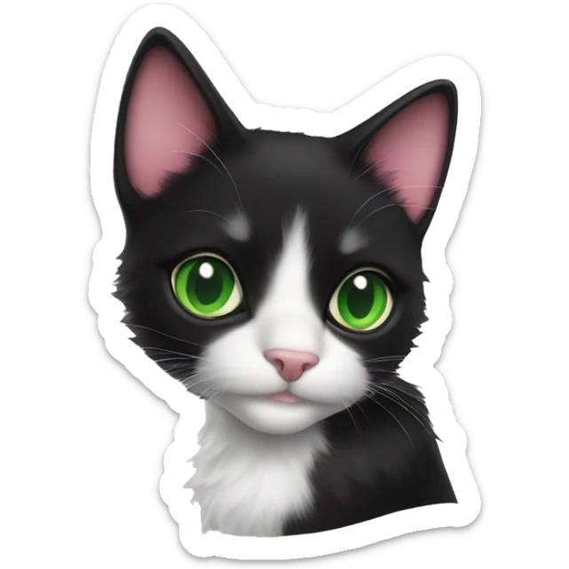 fluffy black tuxedo cat with green eyes and pink nose sticker