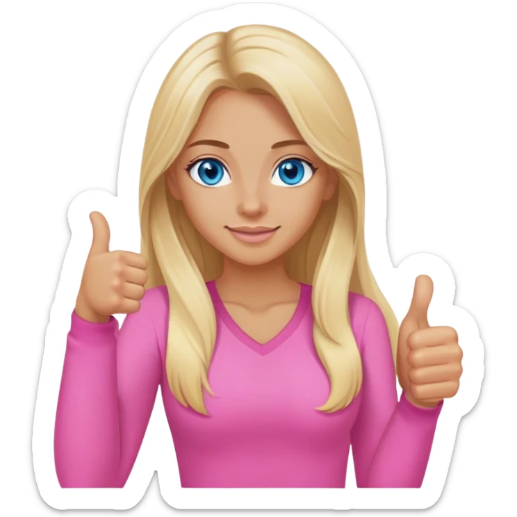 Pretty Blonde with long hair model, blue eyes In pink clothes, thumbs up sticker