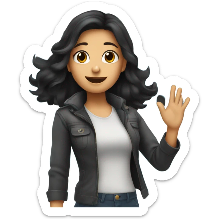 Girl with dark hair waving goodbye in front of a plane sticker