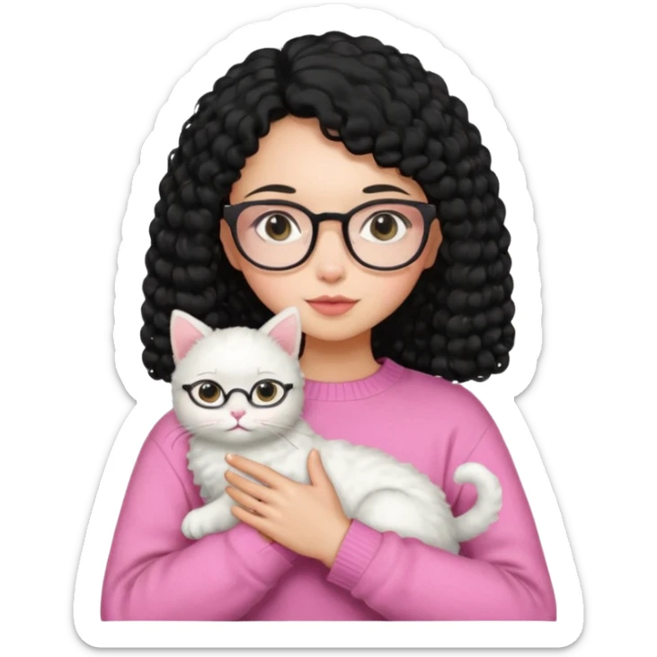 a girl with a black perm hair, wearing a pink sweater and glasses, holding a cute white cat, only upper body sticker