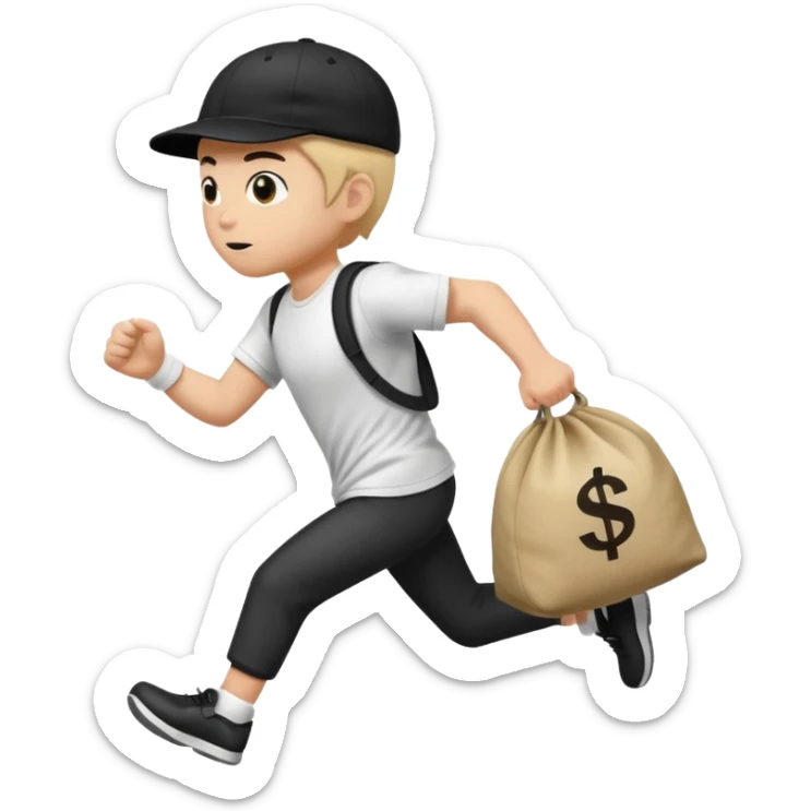 Thief with black cap white t-shirt with black tripes all ower the shirt emoji runing with money bag sticker