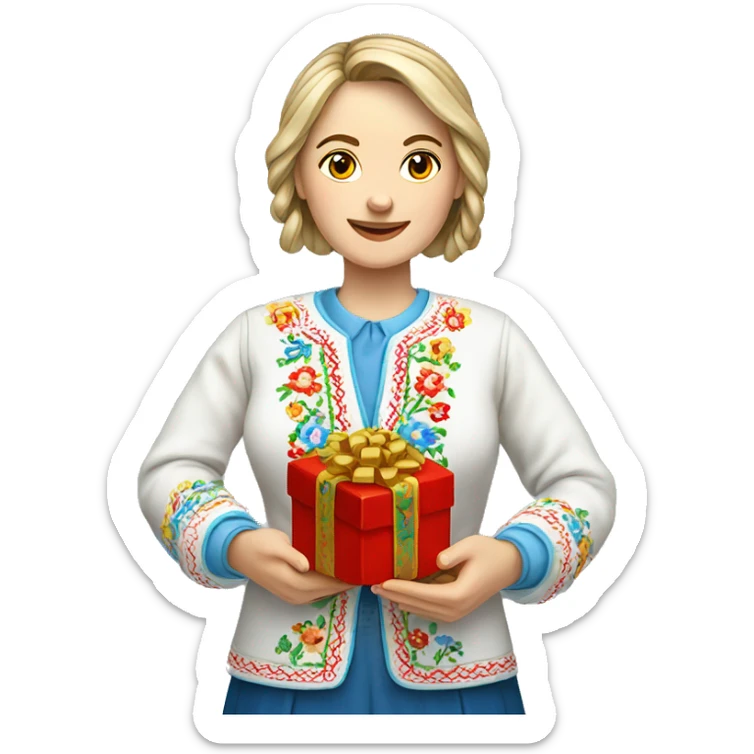 A female teacher in Ukrainian embroidery holds a gift in her hand sticker