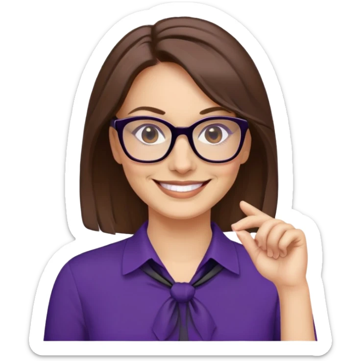 nữ 40 tuổi, da trắng, tóc được buộc gọn gàng màu nâu, mặt cười tươi vui vẻ, đeo kính màu đen, áo tím đậm sticker