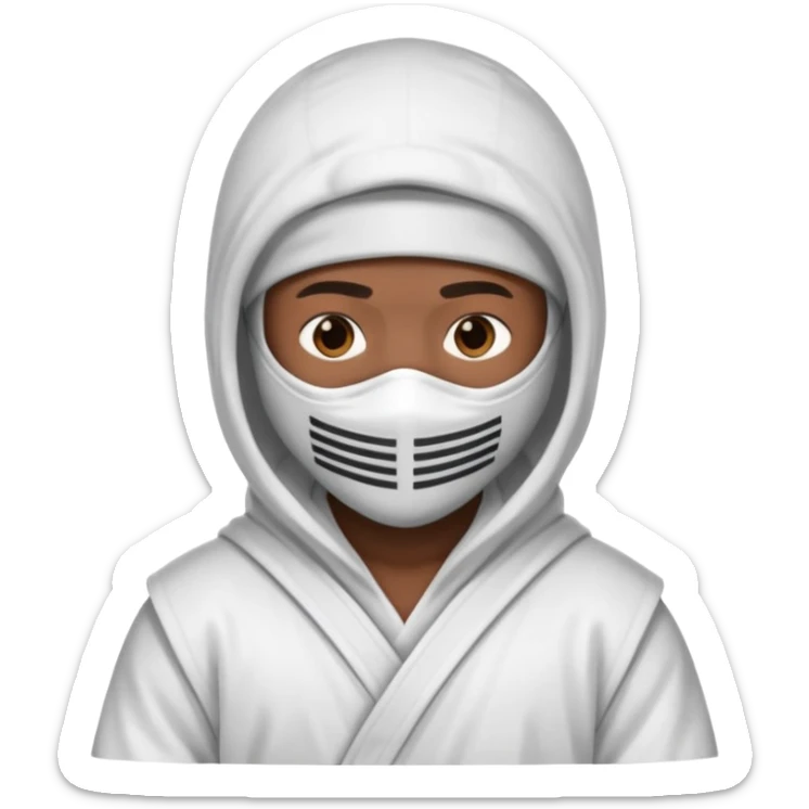 All white ninja robe with no black with white ski mask to cover face and neck with a hoodie on and dark brown skin color sticker