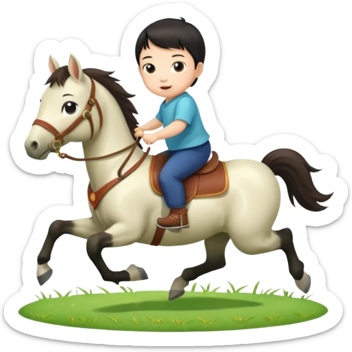 l little chinese baby riding on a  cute horse running really fast on the grass with 2026 year's label sticker