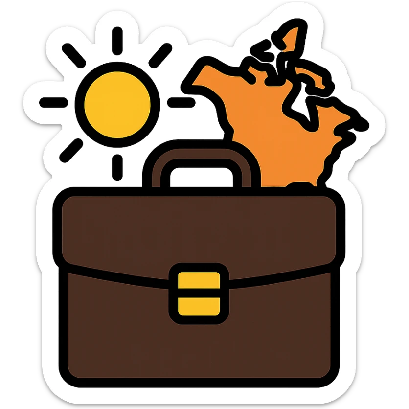 professional modern emoji of a briefcase with a sun and a North American map, clean corporate style, representing summer internship at Ipsos North America sticker