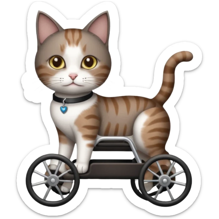full body small short hair dark brown and white cat with hazel eyes walking in a wheelchair for cats sticker