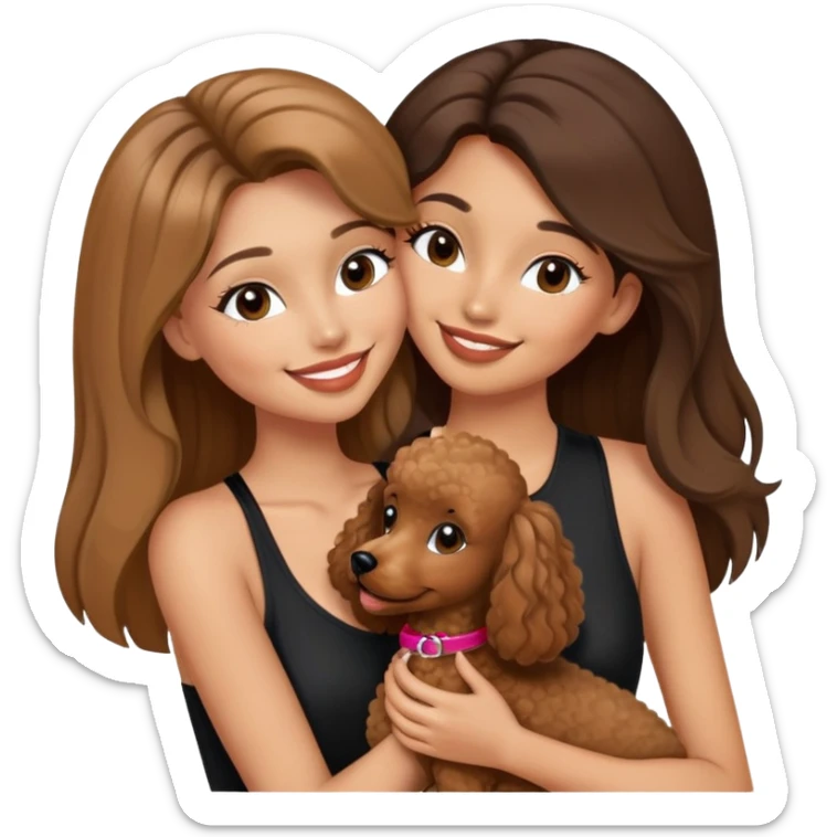 a girl with long straight balayage hair and long lashes, smiling, wearing black halterneck top, and holding and kissing a brown poodle sticker