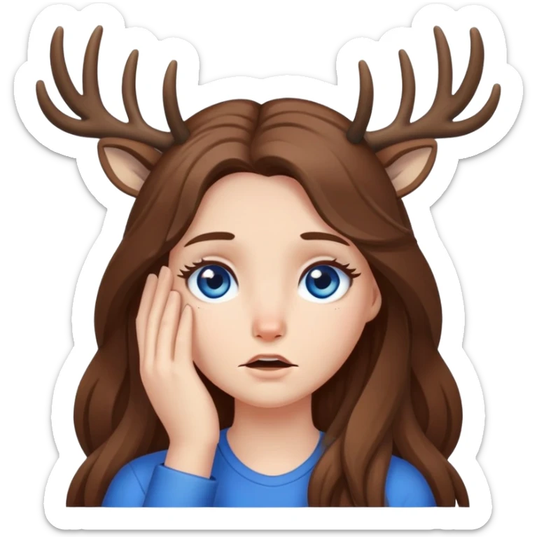 Deer girl facepalm with white skin and brown long hair with blue eyes  sticker