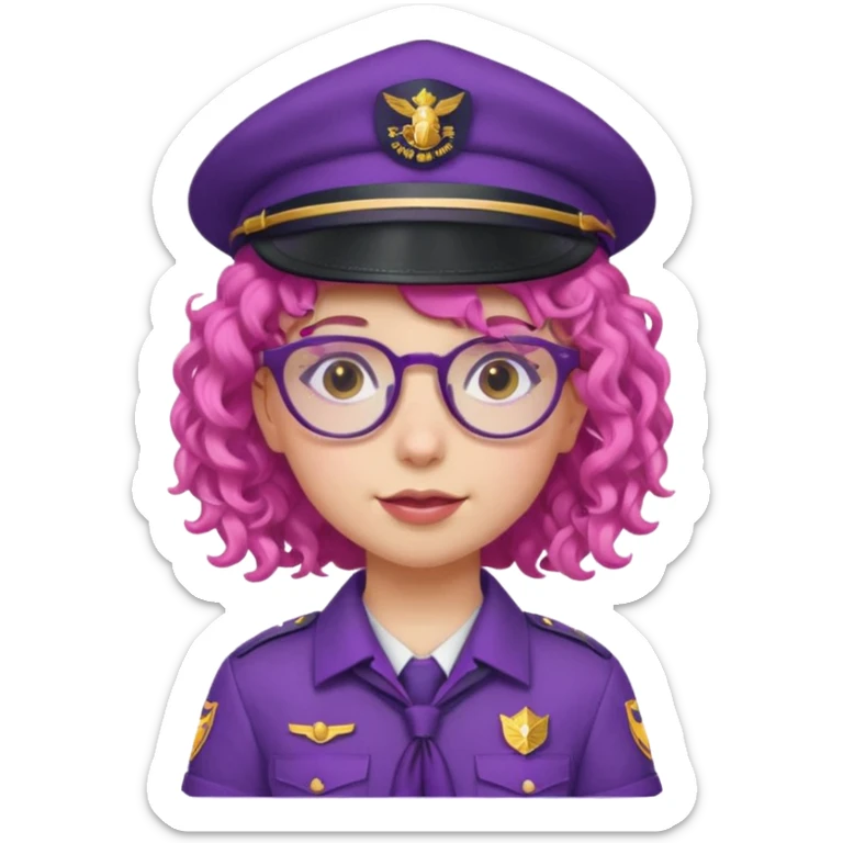 scout girl with pink curly hair and uniform and hat and glassess and purle uniform sticker