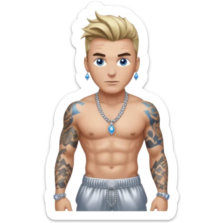Vanilla Ice with blue eyes, dark blonde hair, shirtless with necklace, metallic silver harem pants  sticker