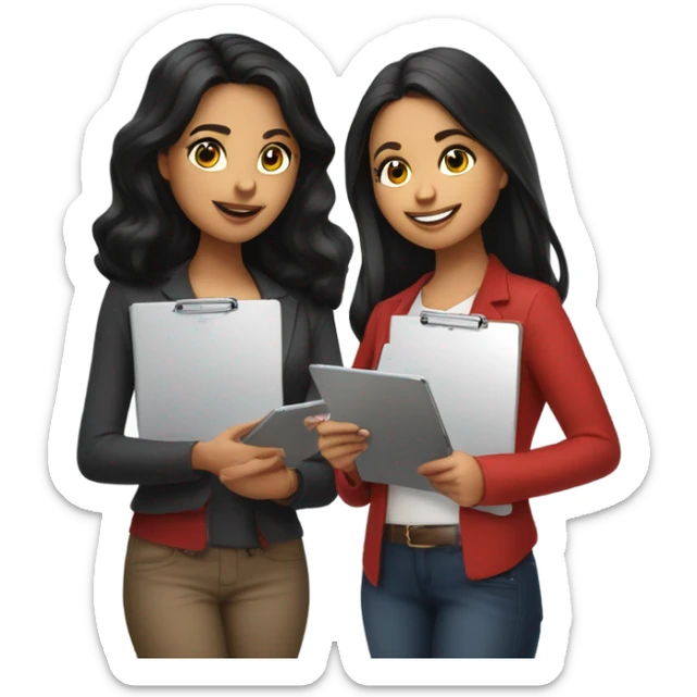 Latina with jet black hair, brunette girl, and bright red hair girl conducting surveys on clipboards and ipads sticker