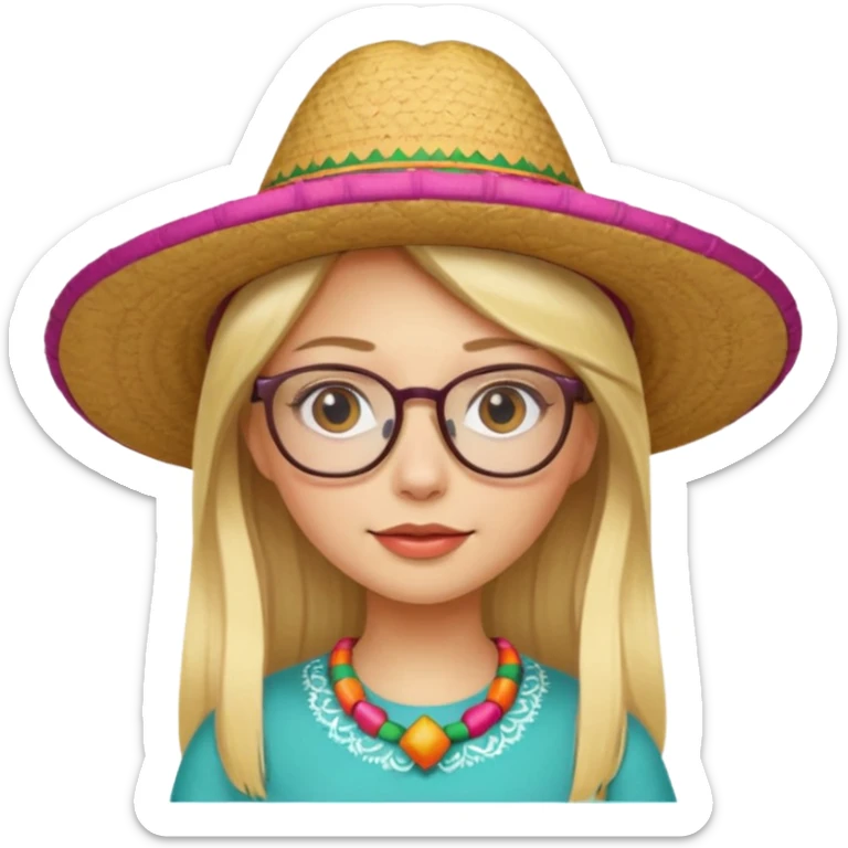 blonde girl with straight hair and glasses with a Mexican hat  sticker