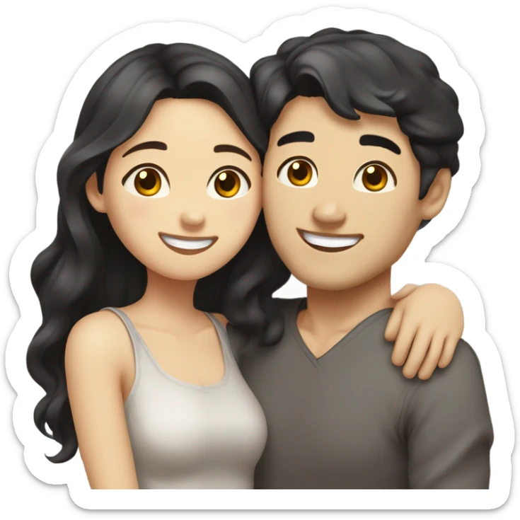 A cute and very happy Asian couple hugging each other very tight. The girl has long dark wavy hair and pale skin and dark hazel eyes, the Man has short dark straight hair and bright amber eyes and is pale sticker