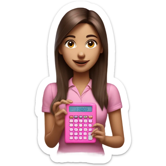 Hyper realistic pretty girl with straight brown hair holding a pink calculator sticker