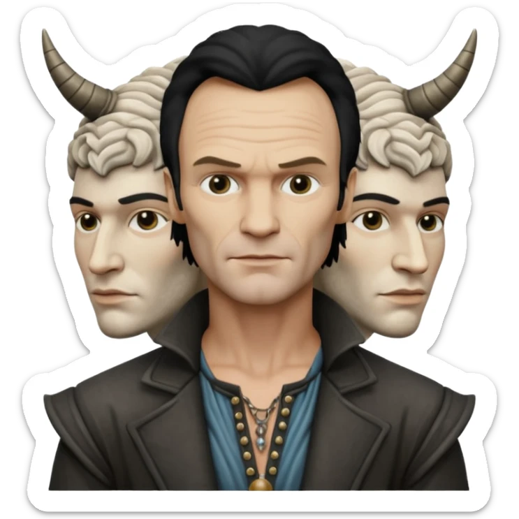 Cinematic realistic ultra HD - Musician Sting stands in front of an antique stone sculpture sticker