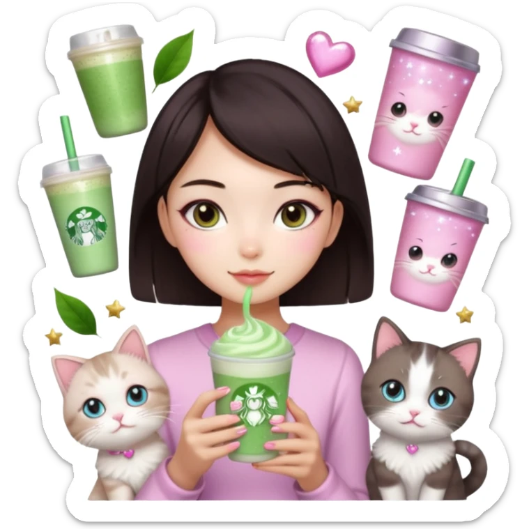 asian girl with short dark brown hair with a soft girl pink glowup aesthetic. matcha latte sparkles girly things, 2 ragdoll cats, skincare, makeup, money, luxury, add makeup and sparkles sticker