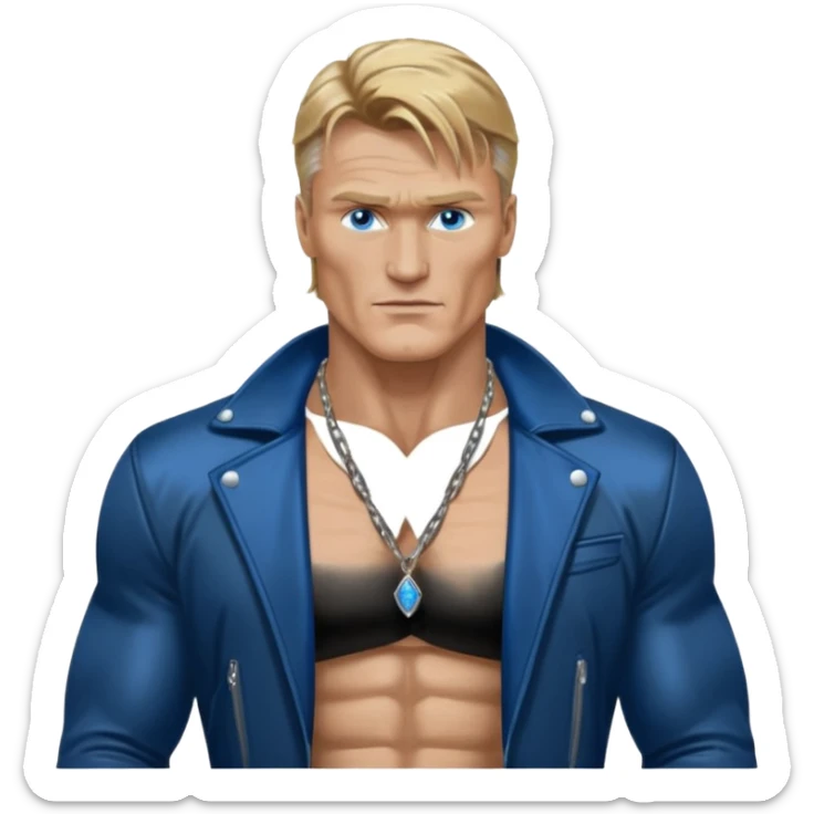 Dolph Lundgern with shirtless with necklace, blue eyes, dark blonde hair, metallic black jacket sticker
