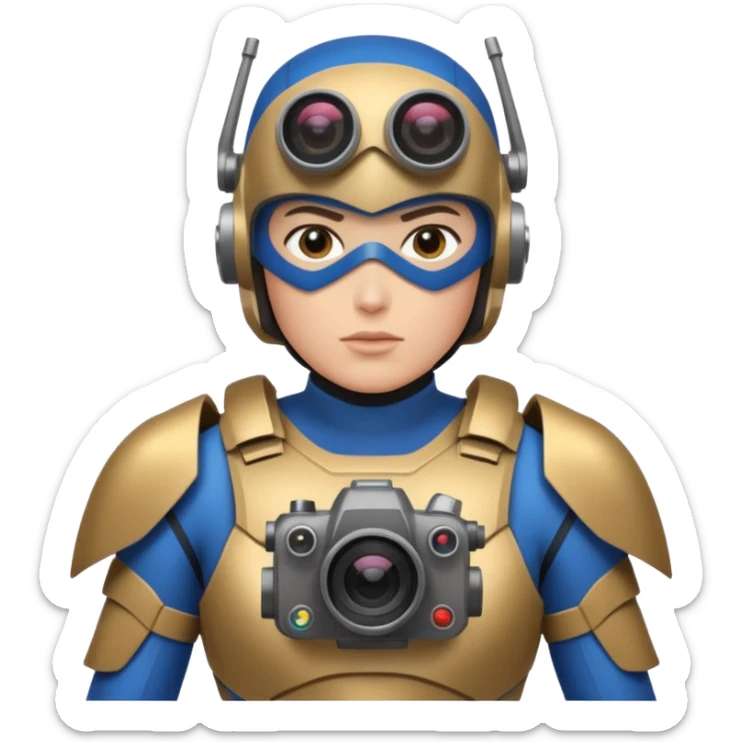 Un photographe high tech du futur, avec du matériel, une armure de terrain à la super héro. Il a des appareils photos, des caméras embarquées et un drone  sticker