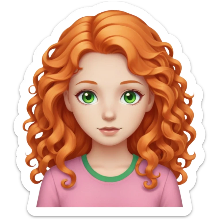 white pale girl with long curly orange hair, green eyes, pink shirt sticker