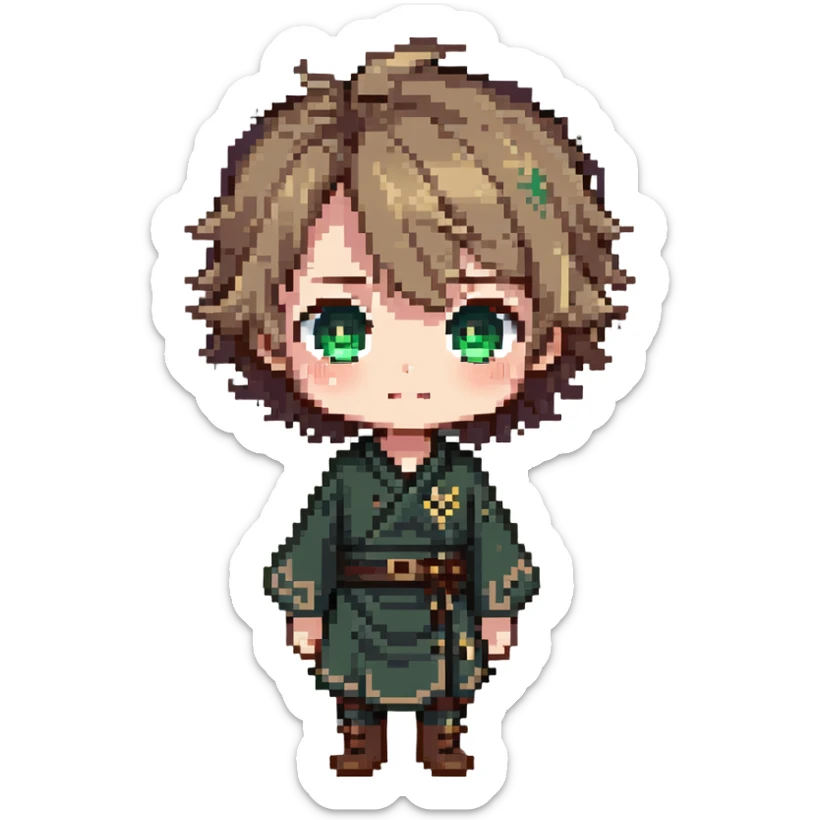 Young Rudeus Greyrat chibi, big green eyes, round face, messy light brown hair, wearing a tunic, cute and curious anime style sticker