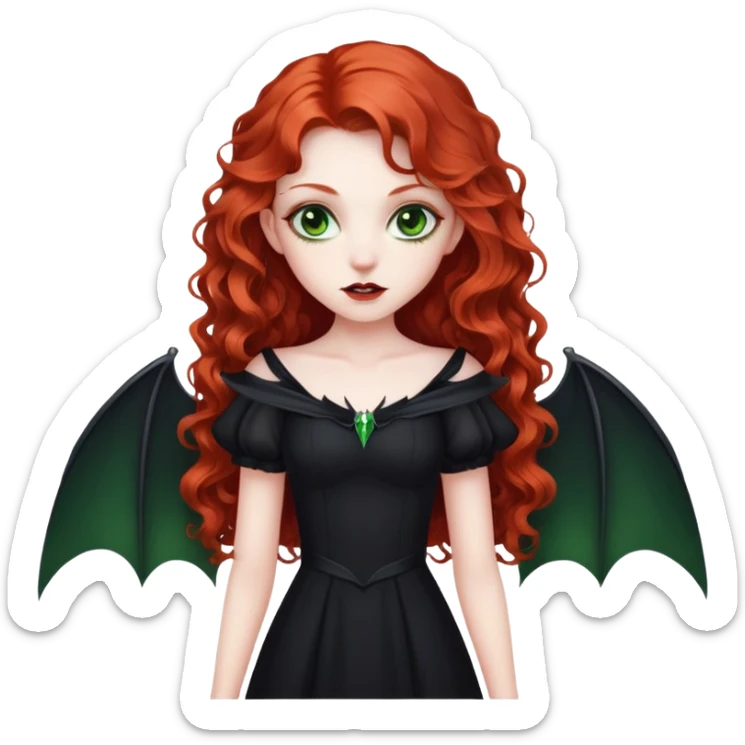 vampire girl with long curly red hair and green eyes, in a black with bat wings sticker