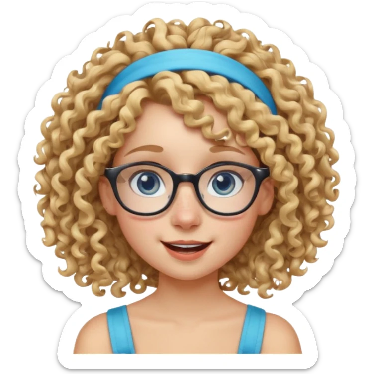 blond kid with unique face features and very curly hair kid girl happy and big glasess and big nose and very blue eyes and headband with freckles sticker