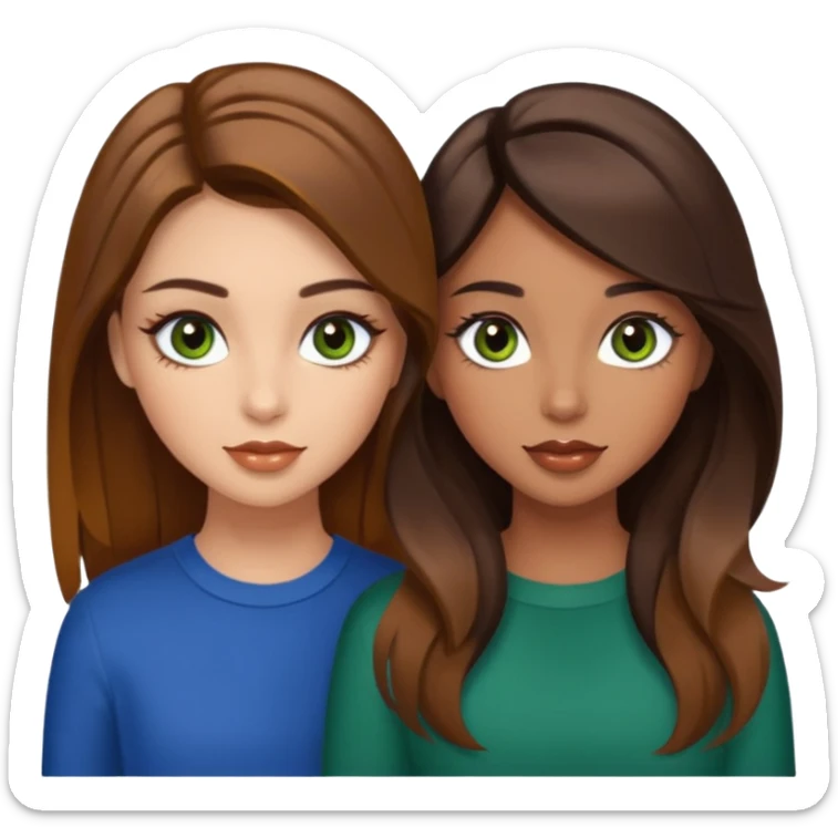 Brunette girl with caramel balayage skin tone tan hazel eyes but more brown, but also green fall lips, long eyelashes and her best friend also brunette with caramel balayage green eyes, but little bit blue also long eyelashes and ￼￼￼￼ not too much tan￼ sticker