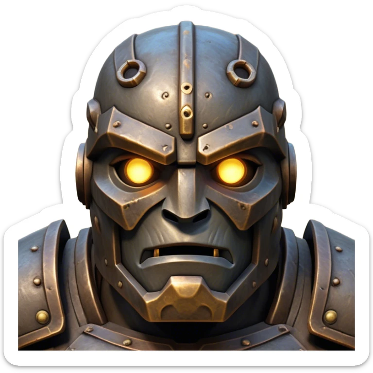 Cinematic Noble Mighty Iron Golem Portrait Emoji Poised and imposing, with a towering, metallic form forged from intricately detailed plates of burnished steel and ancient bronze, etched with faint traces of runes and weathered marks of time. Its piercing, glowing eyes radiate unwavering resolve, casting a solemn and commanding presence; rendered with lifelike texture and natural metallic highlights, high shine, elegant yet indomitable, styled with an aura of legendary endurance, focused and resolute, soft glowing outline, capturing the essence of an eternal guardian, standing vigilant and immovable as if ready to awaken at any moment with unstoppable might! sticker