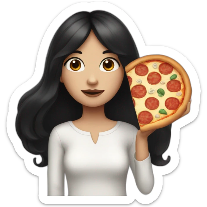 A girl with black hair and white skin yet a pizza in her hands sticker