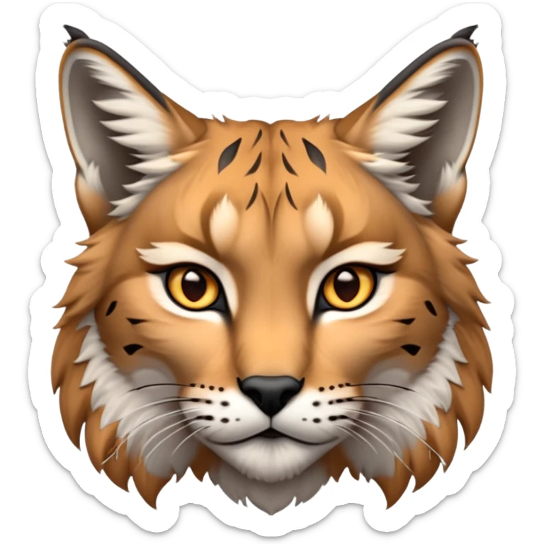 Cinematic-Noble realistic-Lynx-Portrait-Emoji – Poised and regal, with a strong, agile build and a strikingly patterned fur of warm tawny fur accented by bold black ear tufts, deep-set, intelligent amber eyes, simplified yet sharp and sophisticated. zoomed out to show shoulders sticker