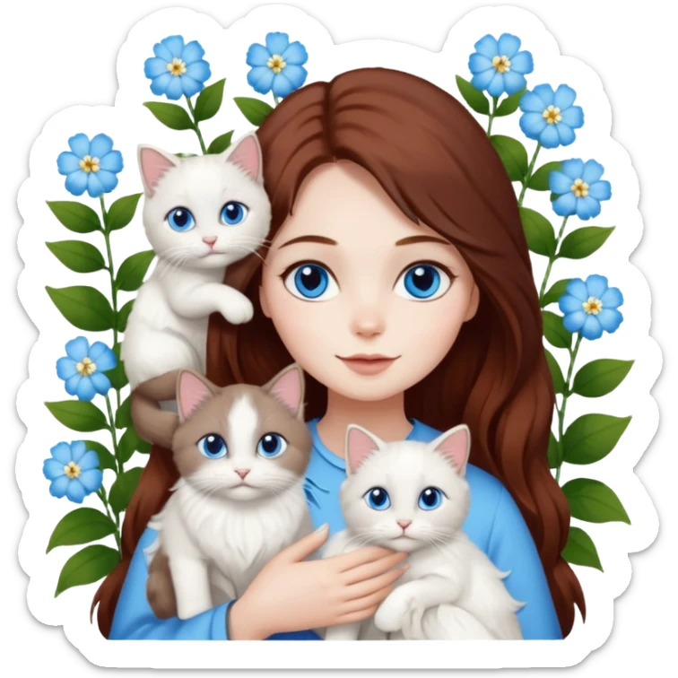 A woman with long dark auburn hair holding three white ragdoll cats in the flowers sticker