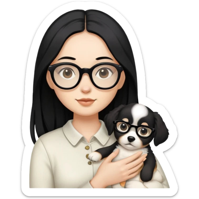 long black hair women around 20-30 with black glasses holding a white body light brown ear puppy sticker
